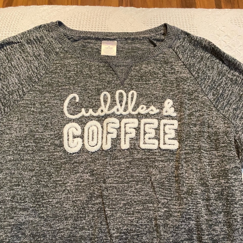 COPY - Grey sweater pajama top, says "Cuddles & Coffee"